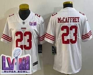 Women%27s San Francisco 49ers #23 Christian McCaffrey Limited White LVIII Super Bowl Vapor Jersey